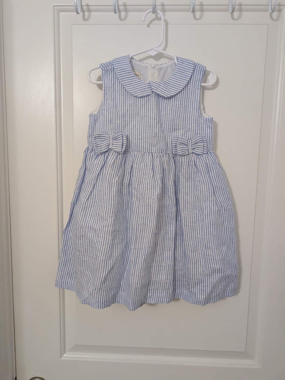 CentoLino Girls 4A Blue White Seersucker Linen Dress Bows Made Italy
